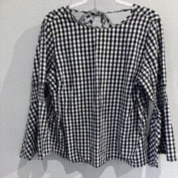 Zac & Rachel Bell Sleeve Checkered Cottagecore Peasant Long Sleeve Blouse - Picture 1 of 6